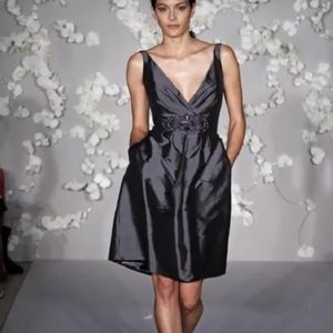 Lazaro Silver Pewter Taffeta Cocktail Dress with Beaded Embellishment